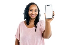 A nice Portrait of an african woman on studio white background with cellphone