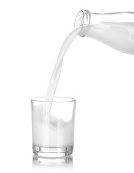 Milk pouring from a bottle in a glass isolated on a white 