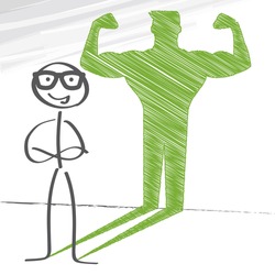 Stick figure with sketched strong and muscled arms