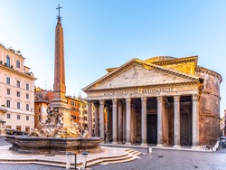 Pantheon and Fontana del Pantheon with monumental obelisk on Piazza della Rotonda, Rome, Italy.