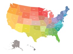 Map of USA, United States of America, in colors of rainbow spectrum. With state names.