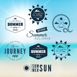 Vintage summer holidays typography design with labels logo, icons elements collection, vector background