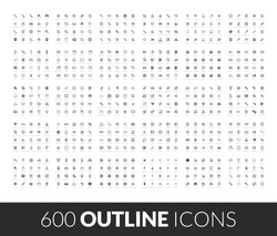 Large icons set, 600 outline black vector pictograms, isolated on white background