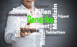 Generika (in german Generic) wordcloud touchscreen is operated by man.