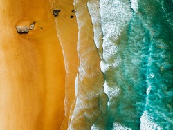Aerial Panoramic Drone View Of Blue Ocean Waves And Beautiful Sandy Beach in Portugal