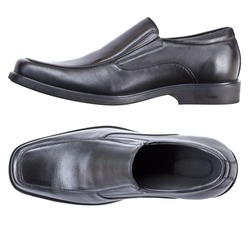 Modern black leather shoes for male or men, no shoe string isolated on white background, top view and side view