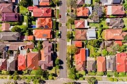 Driveways, lanes and green residential streets with detached houses on Lower North shore wealthy suburb Chatswood of Greater Sydney - aerial top down view.