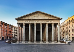 Italy Europe ancient roman pantheon temple front view at classical columns portico colonnade with surrounding historic rome buildings at sunrise nobody