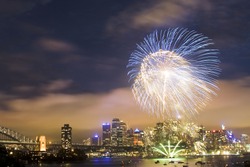 sydney australia CBD night scene new year fireworks celebration pyrotechnics ball high in dark sky color illumination
