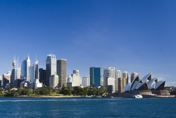 Sydney Australia view from ferry to royal botanic garden, City CBD and Opera house