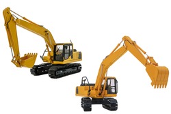 Two yellow excavator  model, machinery in heavy industry with isolated on  a white background with bucket lift up