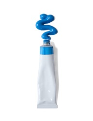 Blue acrylic paint tube with smear, isolated on a white background