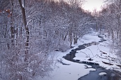 Sawmill Creek winds it's icy way through Waterfall Glen Forest Preserve at sunrise on a frigid February morning.