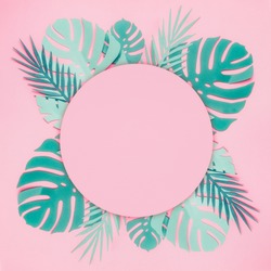 Various turquoise blue tropical leaves made with papercraft with round circle copy space for your design on pastel pink background. Creative layout 
