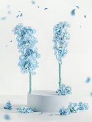 Modern floral product display with podium and blue flowers at white background with flying petals. Scene stage showcase. Front view with copy space.