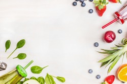 Smoothies and fresh ingredients on white wooden background, top view. Health or detox  diet food concept.