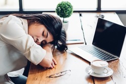 Business women lifestyle freelance he has resting sleeping after hard work long time in coffee shop, Sleepy tired overworked exhaustion and stress