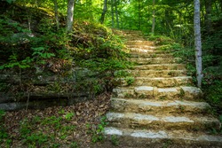 Stairway To Heaven. Winding stone stairway encased in light disappears into a lush green forest. Carter Caves State Park. Olive Hill, Kentucky.