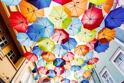 Street decorated with colored umbrellas.Agueda, Portugal