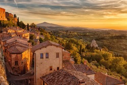 Landscape of the Tuscany seen from the walls of Montepulciano in sunset, Italy