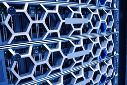 Illuminated Blue Servers In a Hyperconverged Environment In Modern Datacenter