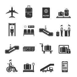 Airport travel icons with online ticket reservation and navigation signs in flat style