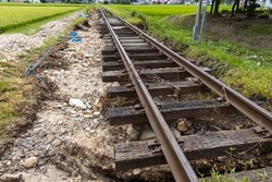 Railroad tracks that had been eroded by heavy rain disasters
