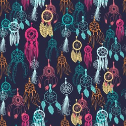 Vector seamless background, retro pattern, ethnic doodle collection, tribal design. Hand drawn illustration with indian dreamcatchers and feathers on the black background