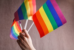 young woman holding lgbt colorful rainbow flags, gay pride parade concept 