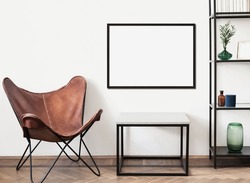 Blank picture frame mockup on a wall. Horizontal orientation. Artwork template in interior design