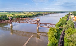 Historic railroad Katy Bridge over Missouri River at Boonville with a lifted midsection and visitor observation deck  - aerial view