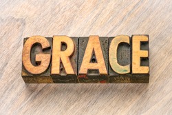grace word abstract in vintage letterpress wood type printing blocks