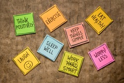 healthy lifestyle and wellbeing concept - a set of inspirational reminder notes
