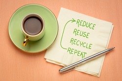 Reduce, reuse, recycle, repeat - environment conservation and sustainability concept - handwriting on a napkin with a cup of coffee