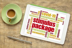stimulus package word cloud on a digital tablet, relief bill during covid-19 coronavirus pandemic concept