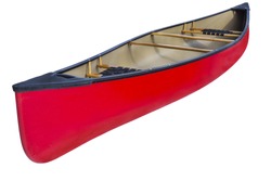 red tandem canoe with wooden seats and yoke, isolated on white with a clipping path