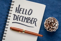 Hello December - handwriting in a notebook with a frosted pine cone, workspace business flat lay