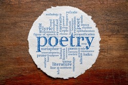 poetry word cloud on a circular sheet of rough watercolor paper against rustic weathered wood, literature terms