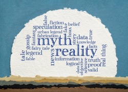 myth versus reality word cloud - handwriting on a circular sheet of watercolor paper