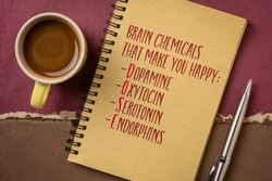 DOSE - dopamine, oxytocin, serotonin and endorphins, four brain chemicals that make you happy, handwriting in a sketchbook with a cup of coffee, chemistry and physiology concept