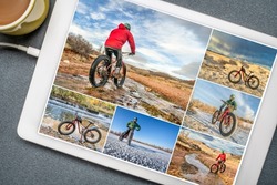 Reviewing pictures of fat bike riding in Colorado foothills and prairie featuring the same senior male cyclist on a digital tablet. All screen pictures copyright by the photographer.