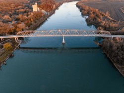 truss bridge over the Missouri River at Brownville, Nebraska aerial view of fall scenery