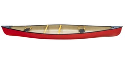red tandem canoe with wood seats isolated on white with a clipping path, side view