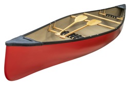 red canoe with a pair of wooden paddles,  isolated on white
