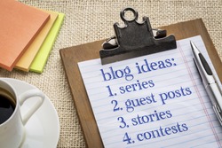 Blogging ideas list (series, guest post, stories, contests) on a clipboard with a cup of espresso coffee