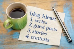 Blogging ideas list (series, guest post, stories, contests) - handwriting on a napkin with a cup of espresso coffee
