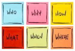 who,  why, how,  what, when and where questions - uncertainty, brainstorming or decision making concept,  a set of isolated colorful sticky notes