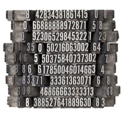 random numbers in vintage grunge metal letterpress printing blocks falling as in domino effect, isolated on white