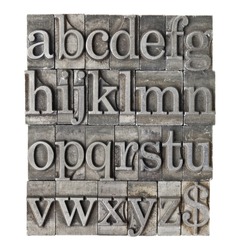 English alphabet (lowercase) and dollar sign in vintage grunge letterpress metal type