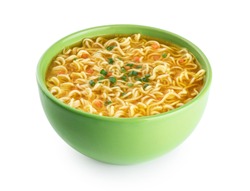 Quick chicken noodle Soup. Bowl of instant noodles isolated on white background. With clipping path.